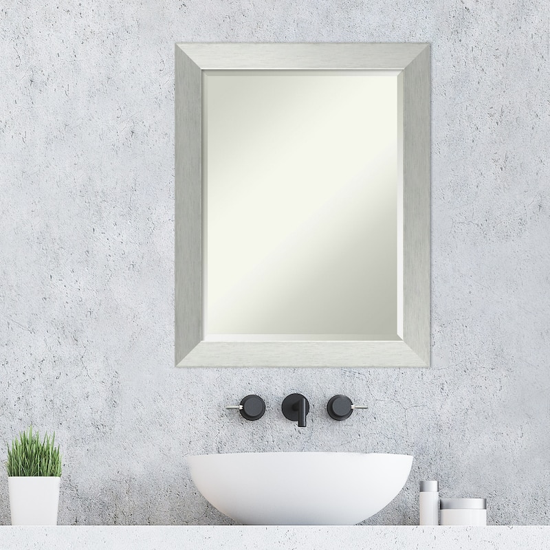 Beveled Wood Bathroom Wall Mirror - Brushed Sterling Silver Frame