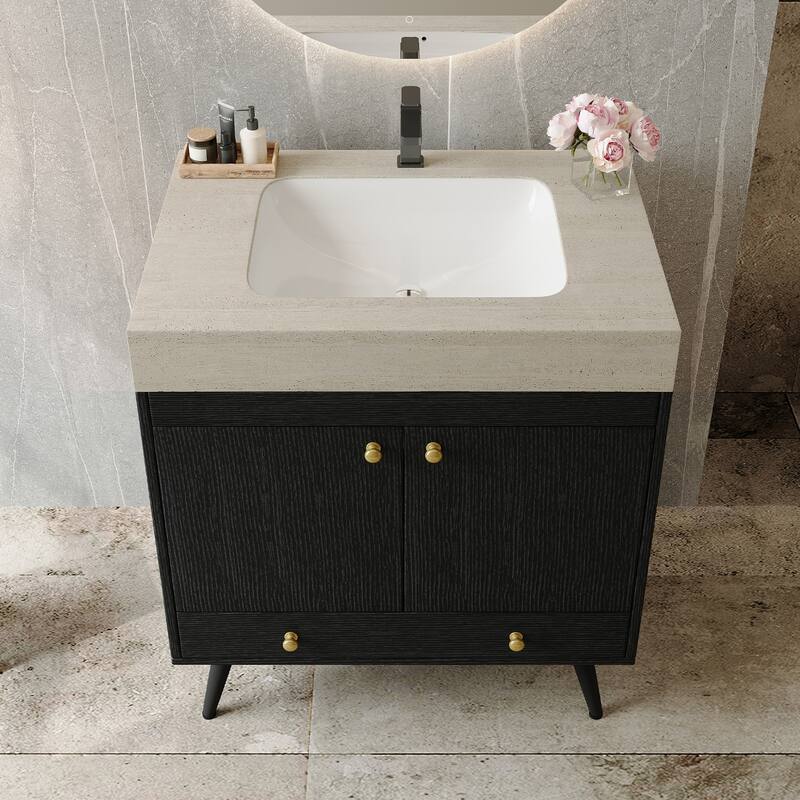 Contemporary 30" Freestanding Bathroom Vanity with Faux Marble Top & Ceramic Sink, Double Door Cabinet
