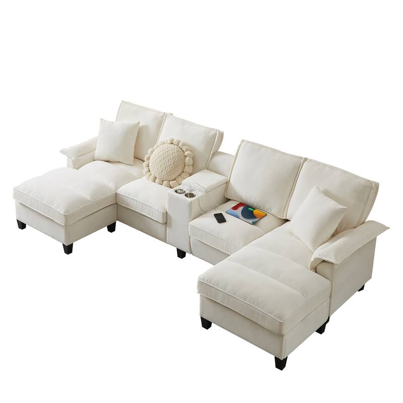 Corduroy U-shaped Sectional Sofa with Double Storage Chaise Lounge, Console Table with Charging Station, Box and Cup Holders