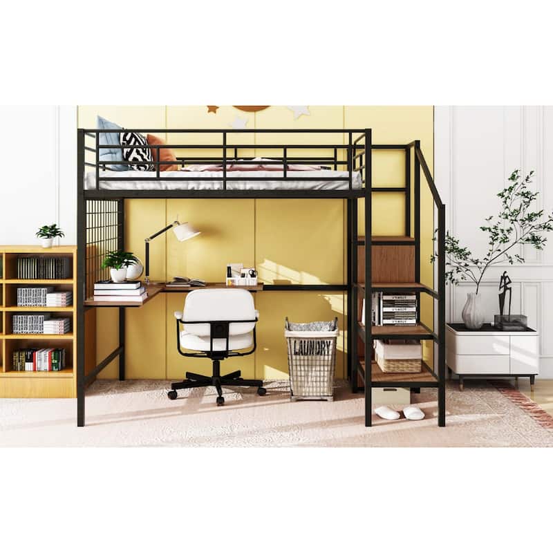 Metal Loft Bed with Desk ,Storage Ladder & Wardrobe