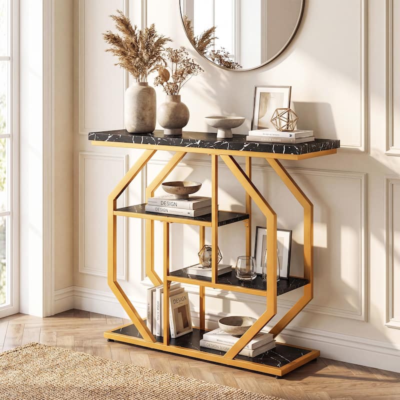 Gymax 40'' Console Table w/Storage Shelves Geometric Metal Frame for