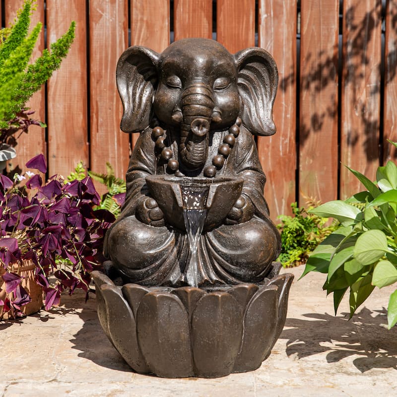 Glitzhome Polyresin Meditating Buddha Frog/Elephant Statue Outdoor Water Fountain with LED Lights