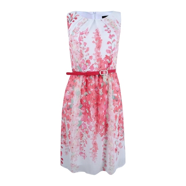 Connected Women's Belted Floral-Print A-Line Dress - Coral