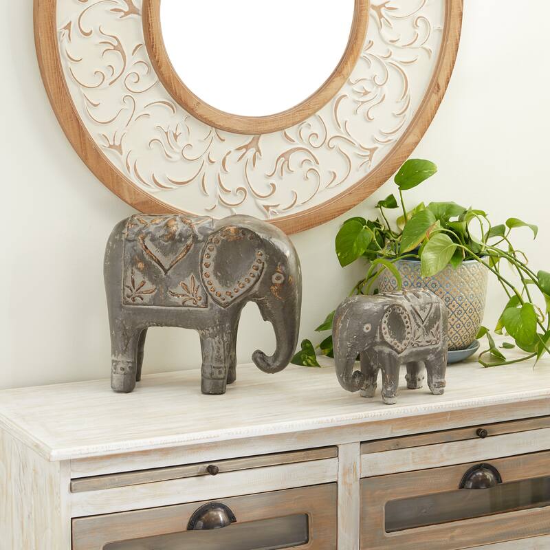 White Dolomite Bohemian Sculpture Elephant (Set of 2) - S/2 9", 13"W - Brown
