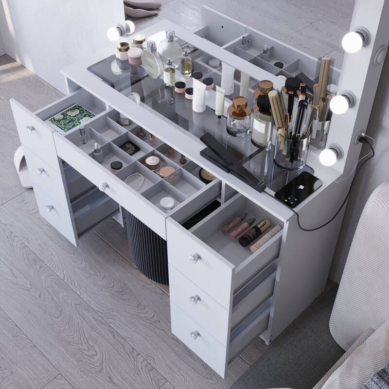 Boahaus Wren Makeup Vanity with Bluetooth Speaker, Glass Top, 7 Drawers