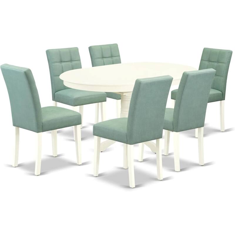 Oval Dining Room Set - 7 Piece Table & Chair Set, Linen White & Willow Green