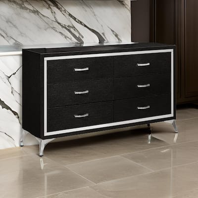 Sami 58 Inch Wide Dresser, 6 Drawers, Mirror Trim, Embossed Texture, Black