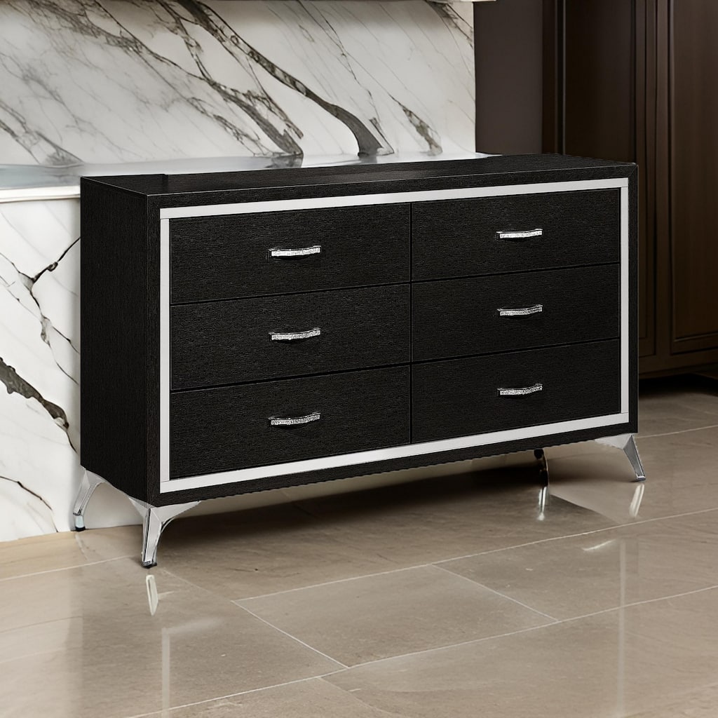Sami 58 Inch Wide Dresser, 6 Drawers, Mirror Trim, Embossed Texture, Black