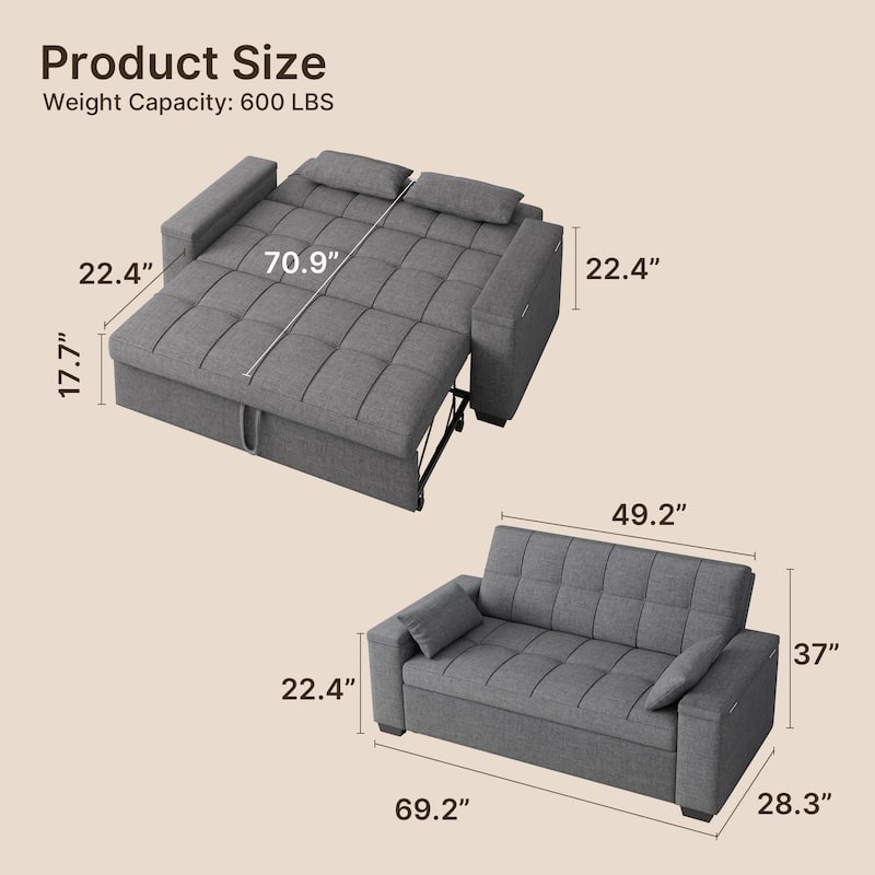 3 in 1 Convertible Sofa Bed Futon Couches with Reclining Backrest, Loveseat Sleeper Sofabed with Pull Out Couch