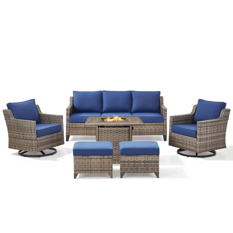 Pocassy 6-Piece Outdoor Sofa Siwvel Chair Ottoman w/ Fire Table