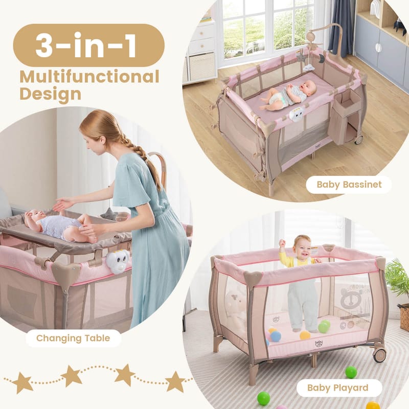Costway Portable Baby Playard Nursery Center Crib with Hanging Toys & - See Details