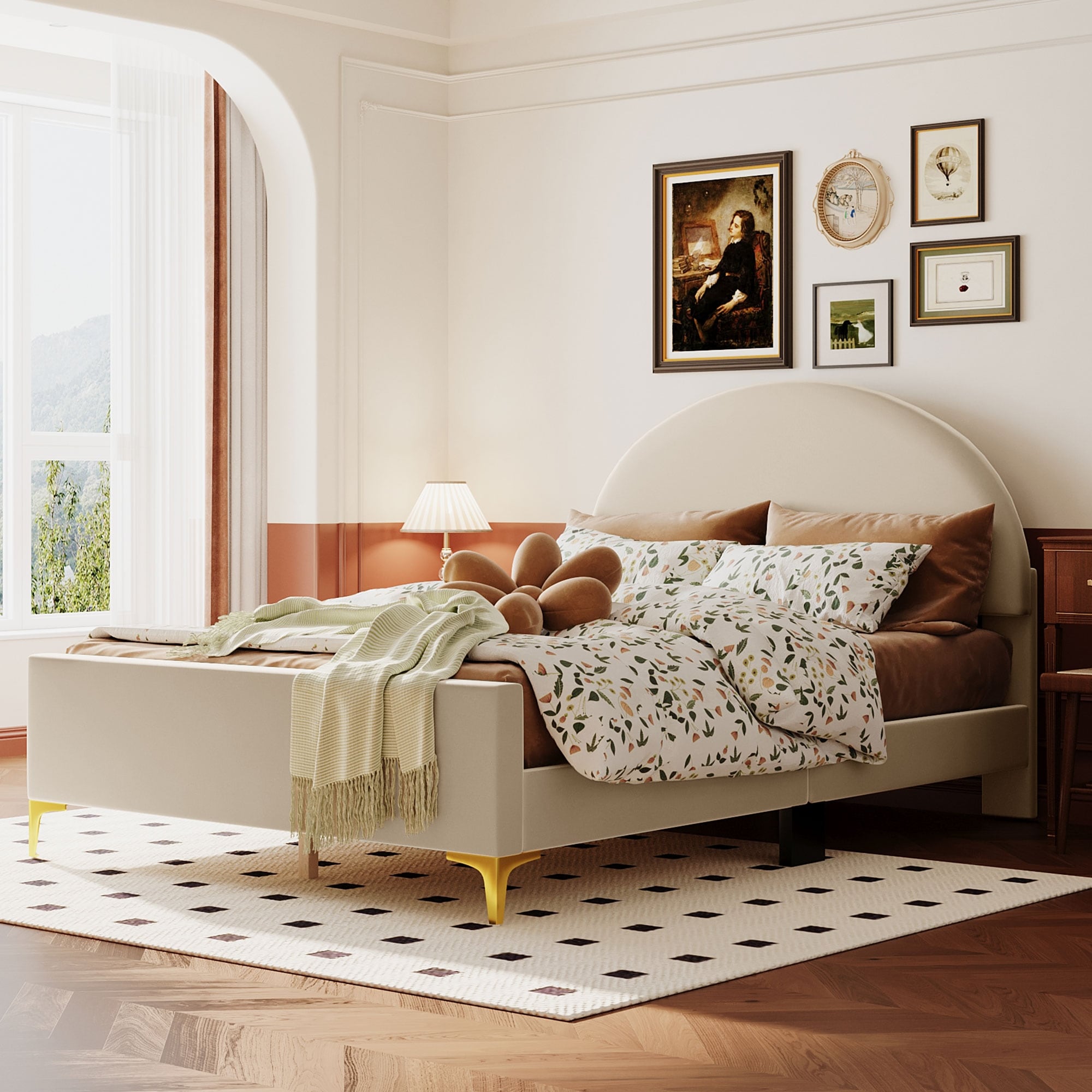 Velvet Upholstered Bed with Semi circle Shaped Headboard Mental