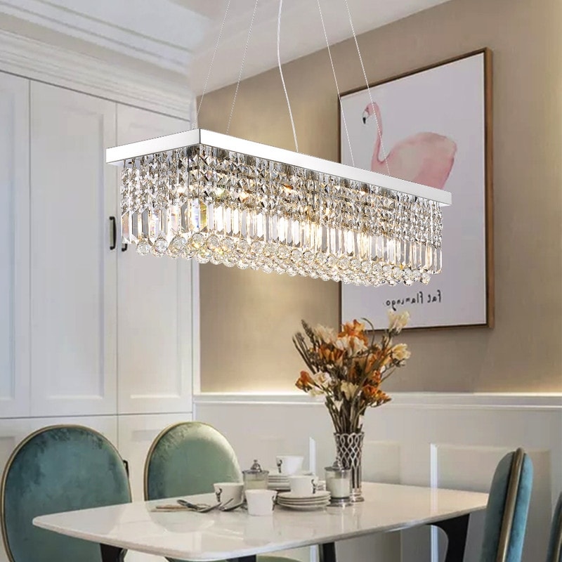 39 in. 8-Light Modern Chrome Rectangular Crystal Chandelier Kitchen Island  Pendant Lighting