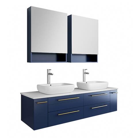 Fresca Lucera 60" Royal Blue Wall Hung Double Vessel Sink Modern Bathroom Vanity w/ Medicine Cabinets