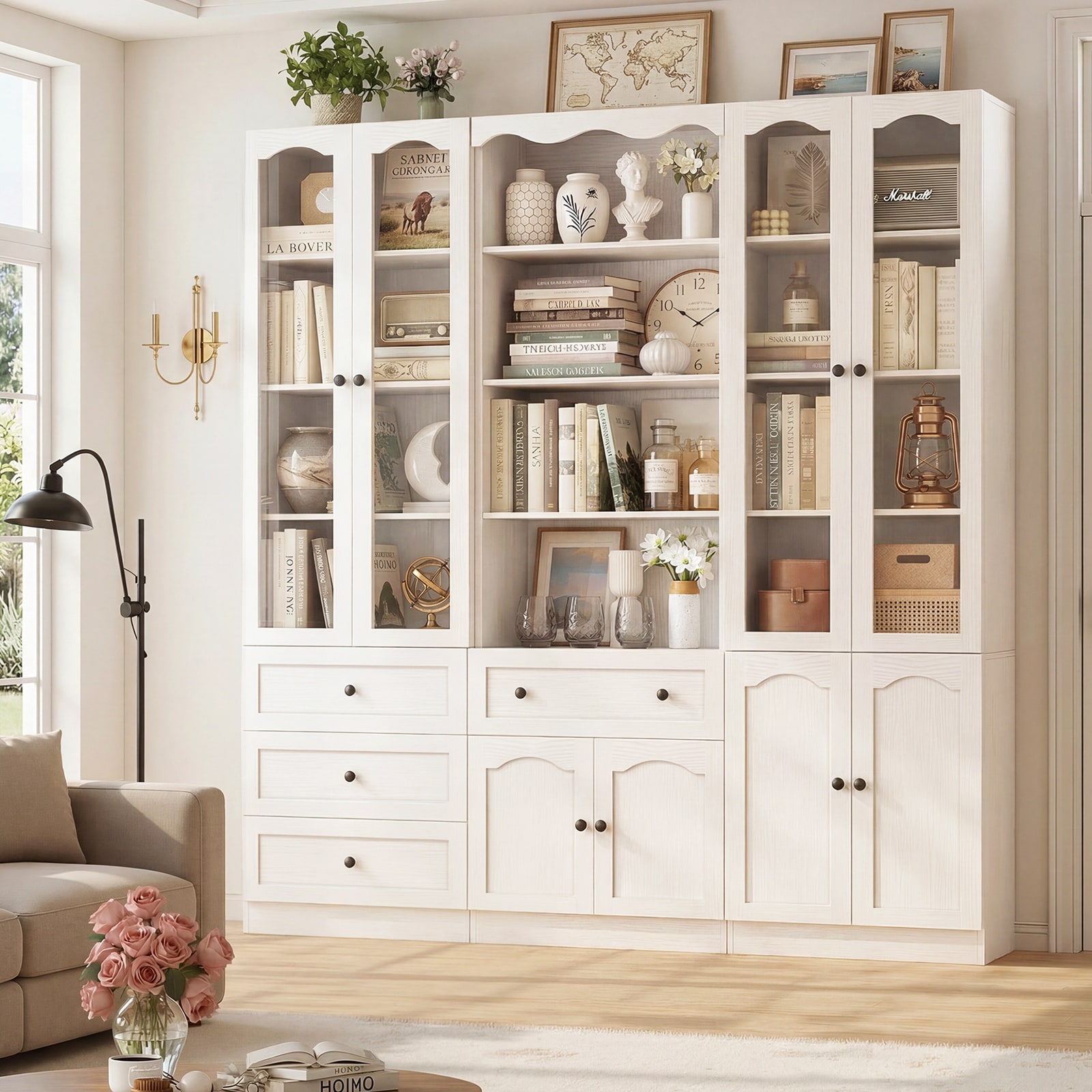 80"Tall Modular Bookcase with Wood Drawers, Glass Door Display Cabinet Kitchen Pantry Organizer