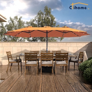 Clihome 15FT Double-Sided Solar Light Market Crank Umbrella with Base