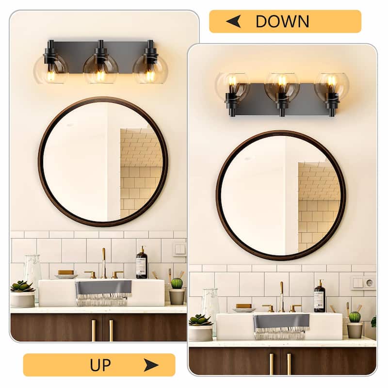Bathroom Vanity Light with Clear Globe Glass Shades, Modern Black Wall Sconce Over Mirror, Vanity Lighting for Bath