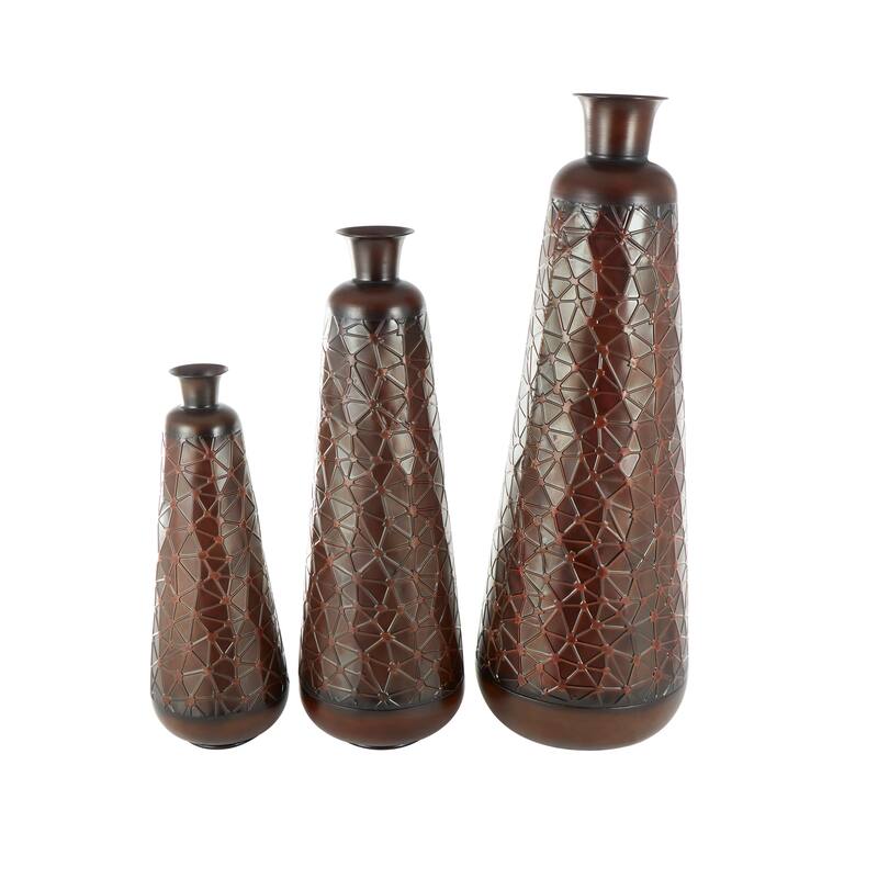 Dark Brown Metal Tall Vase with Geometric Designs (Set of 3)