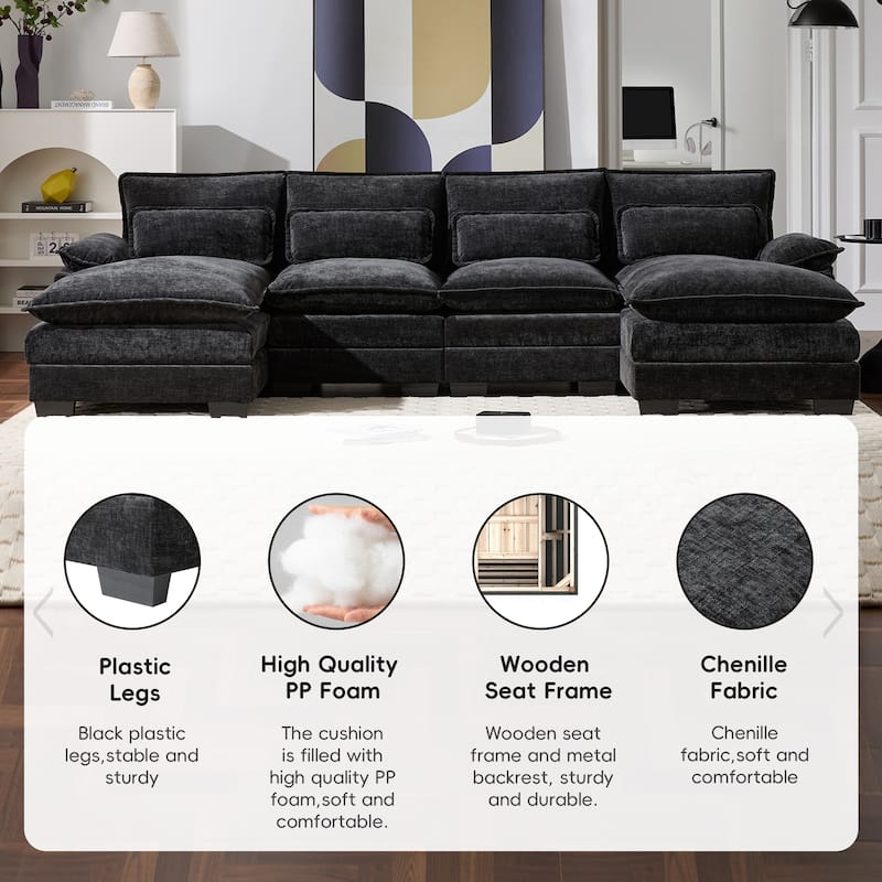 110" U-Shaped Chenille Sectional Sofa with 6-Seat Modular Cloud Couch and Chaise Lounge & Lumbar Pillows (330lb/Seat Capacity)