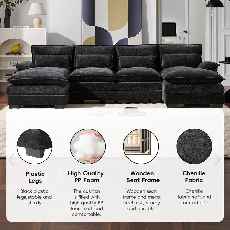 110x55x33" U-shaped Modular Sofa with Double Chaise, Double Cushions, 4 Lumbar Pillows, Chenille Upholstery, Black