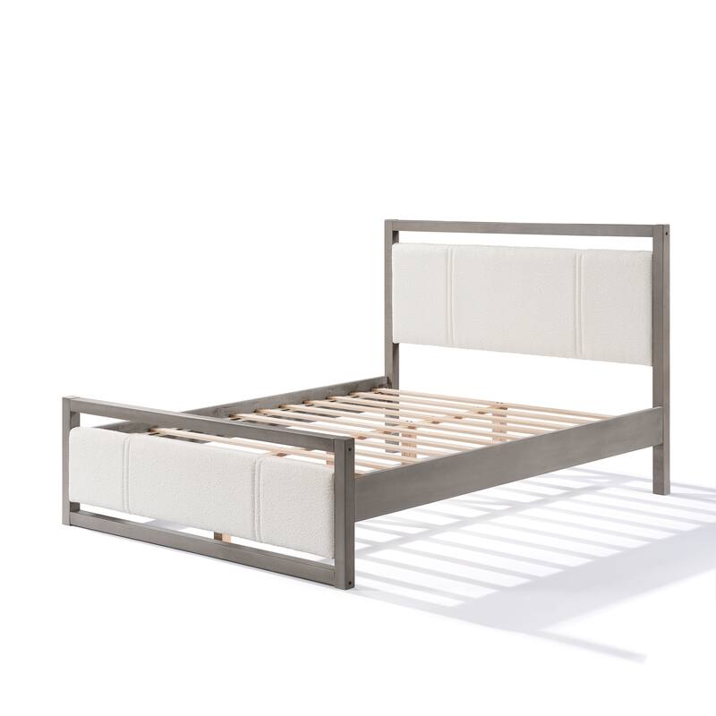 Roomfitters Wood Platform Bed Frame with Ivory Boucle Fabric Headboard and Underbed Storage, Grey and Ivory
