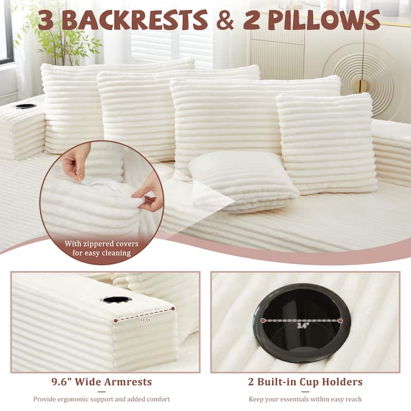 104" Upholstered No-Assembly Modular Sofa Chaise Sofa with Cupholders, Free Combination