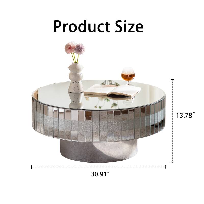 30.9" Round Silver Mirrored Coffee Table with Crushed Diamond Inlays & Crystal Edge, Modern Luxury Center Table for Living Room