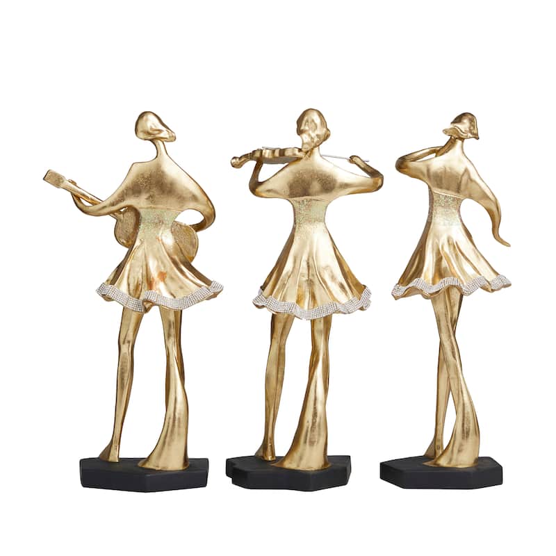 Gold Resin Abstract Women Musician Decorative Sculpture with Glitter and Rhinestone Detailing (Set of 3)