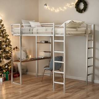 Industrial Modern Full Metal Loft Bed with 2 Shelves, 2 built-in ladders and Desk, Sturdy Construction & Guaranteed, Silver