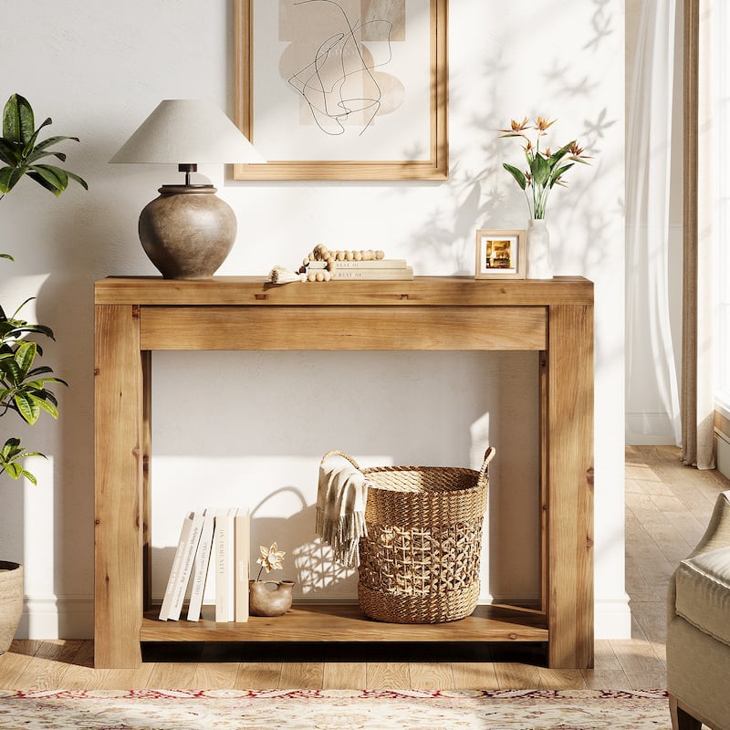 43.3" Solid Wood Console Table with 2-Tier Storage, Narrow Sofa Table