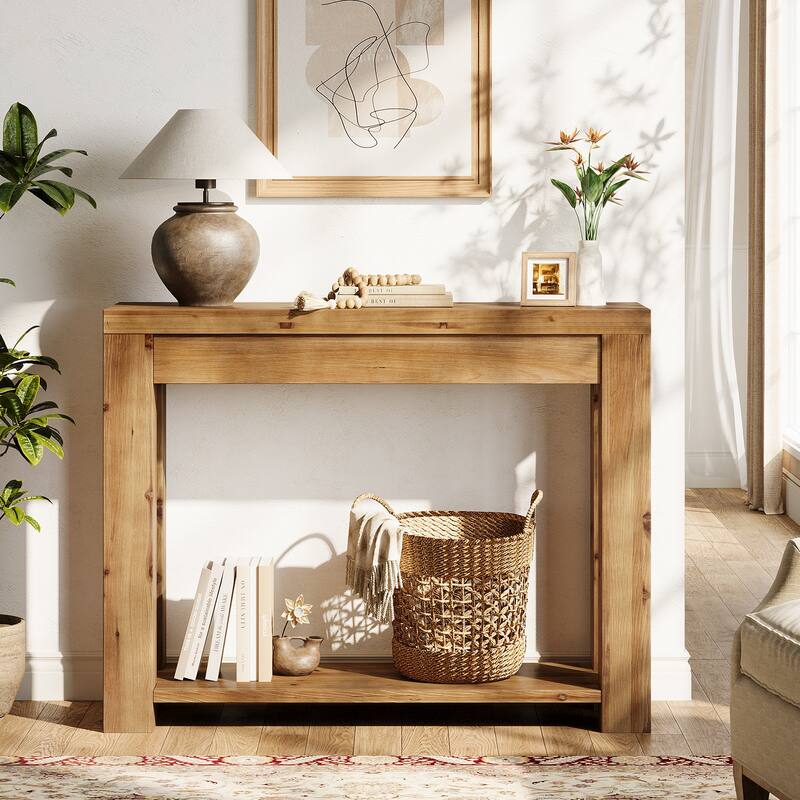 43.3" Solid Wood Console Table with 2-Tier Storage, Sofa Table