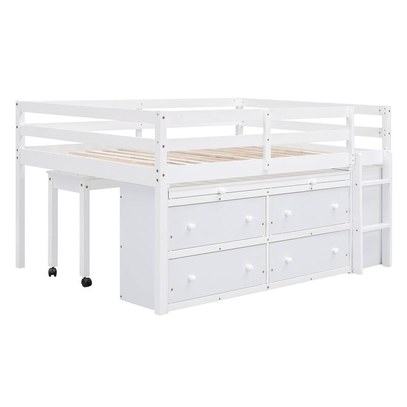 Loft Bed with Retractable Writing Desk and 4 Drawers