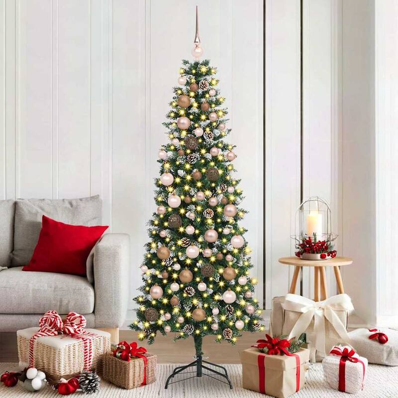 vidaXL Artificial Christmas Tree with 150 LEDs Green 55 x 55 x 120 cm - 55x 55 x 120 - Green with LEDs & rose gold balls (1)