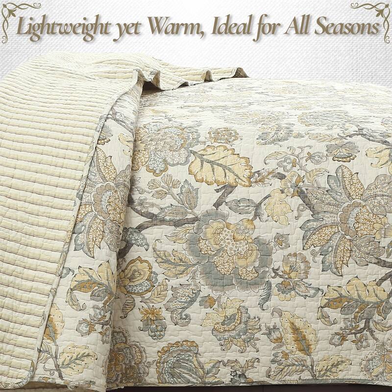 Cozy Line Autumn Floral Foliage Brown Beige Gold Cotton Queen 3 Piece Quilt Bedding Set