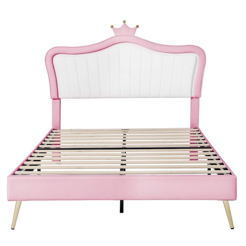 Modern Upholstered Princess Bed with Crown Headboard with LED Lights,Queen
