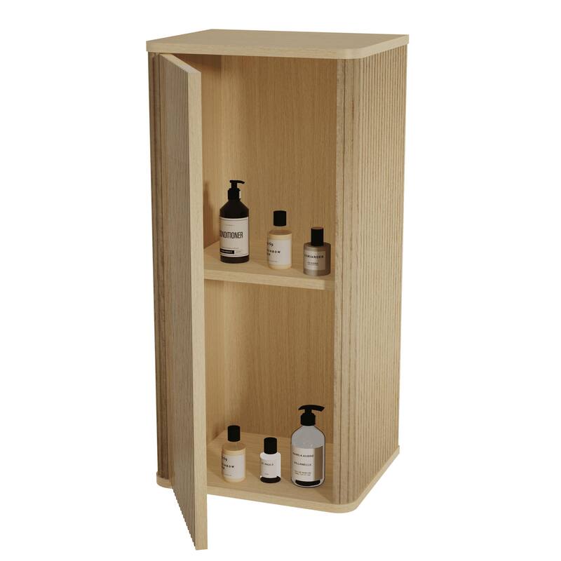Wall-Mounted Floating Side Cabinet with Chic Striped Textures, Safe Curvy Design, Push-Open Door and Inside Shelves