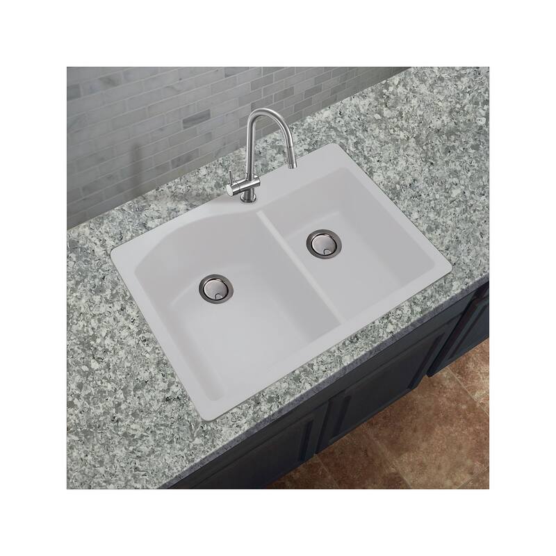 Transolid Aversa 33in x 22in silQ Granite Drop-in Double Bowl Kitchen Sink with 1 Pre-Drilled Center Faucet Hole