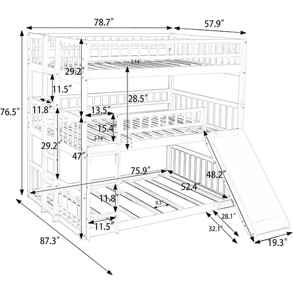 Triple Bunk Bed with Builtin Ladder and Slide, Wooden Full Over Full Over Full Bunkbed Fram