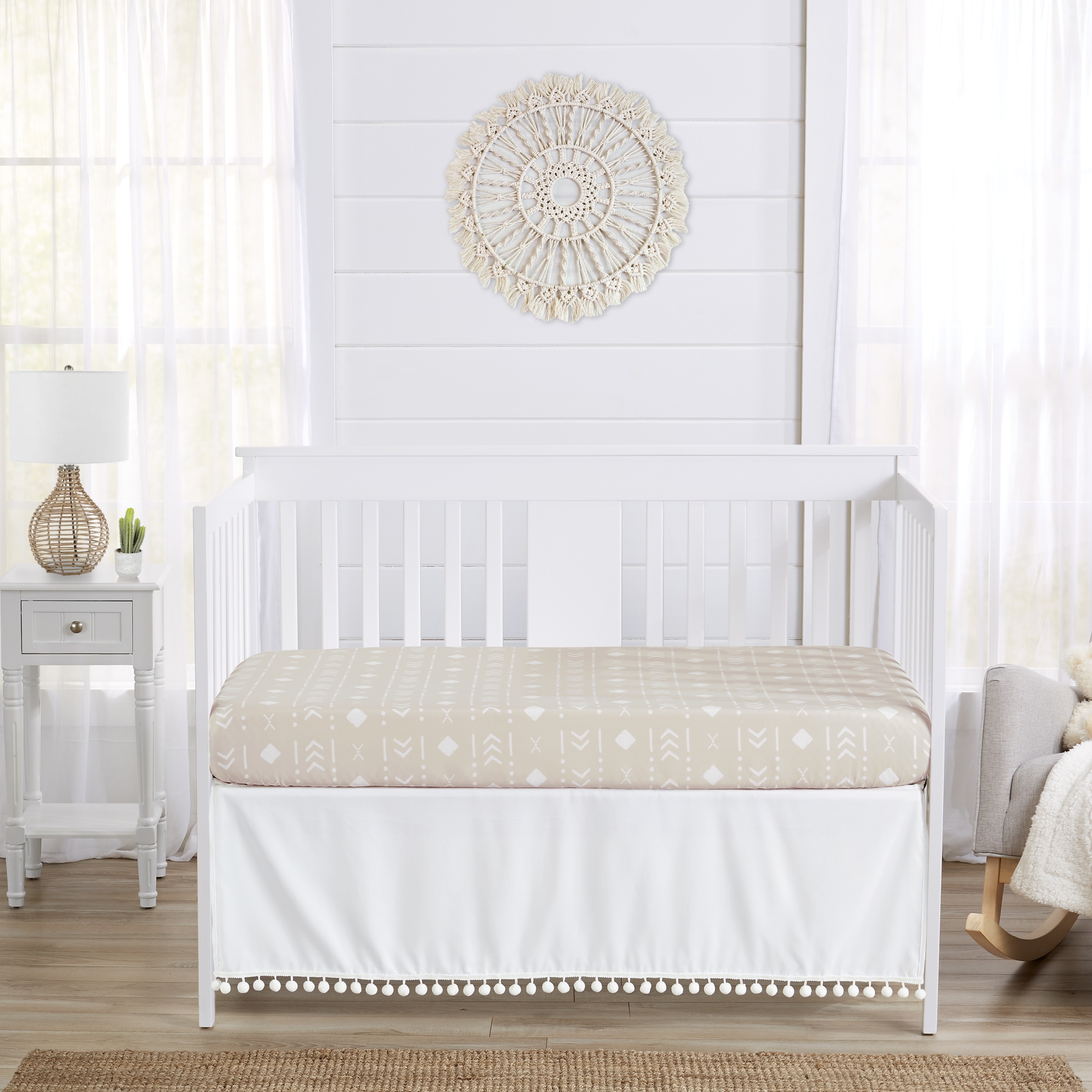 White Pom Pom Baby Boy or Girl Crib Bed Skirt for Boho Llama