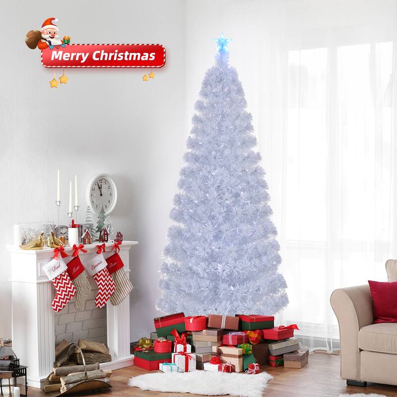 6 ft Fiber Optic Christmas Tree Pre-Lit Multi-Color Auto-Changing Lights with Star Topper and Sturdy Iron Base - 6 Ft