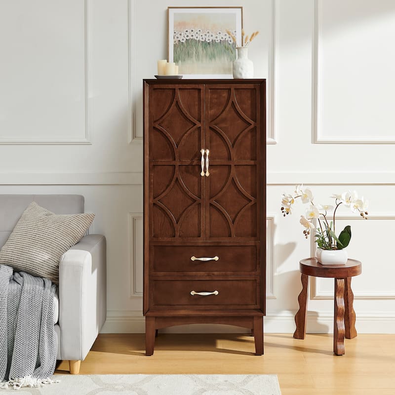 Roomfitters Tall Pantry Sideboard Cabinet, Geometric Storage Console Buffet for Kitchen & Entryway - Walnut