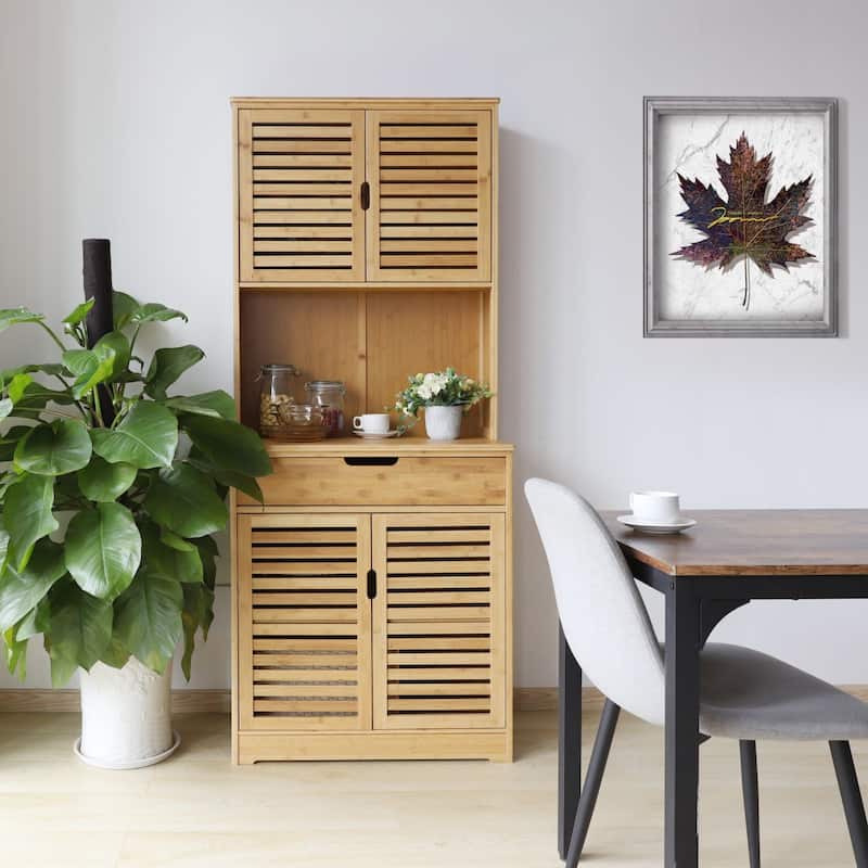 VEIKOUS 72'' Magnetic Door Stopper Hollow-Carved Bamboo Door Kitchen Storage Cabinet with Drawer Worktop, Removable Bamboo Shelf - Natural