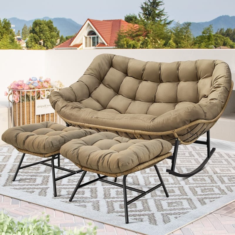 FINCATI Outdoor Double Rocking Chair, Double Wide Rocking Chair, 700 lbs Indoor Rocking Chair for Two, Double Papasan Chair - 3 PCS-Brown