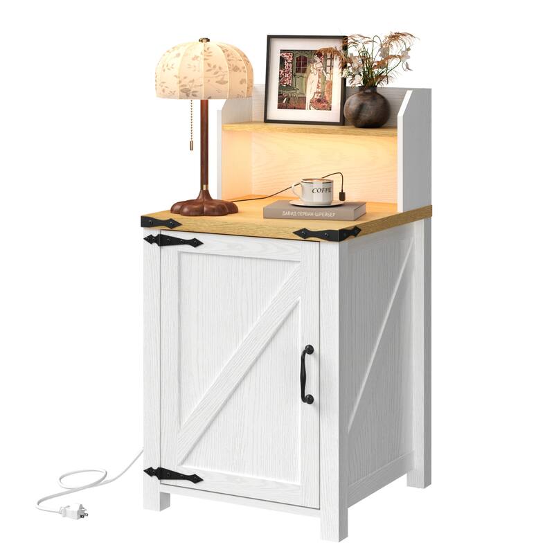 Anmytek Rustic Barn Door Nightstand,End Table with Outlets USB Charging Station LED Lights Storage Cabinet