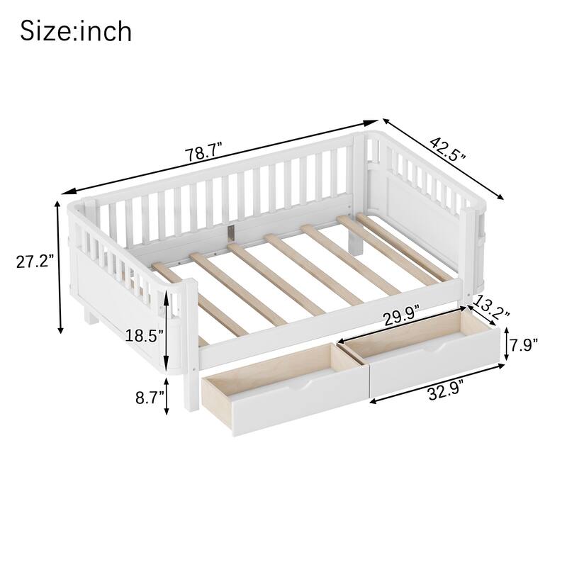 Wooden Daybed with Rails, Low Profile Platform Sofa Bed Frame with 2 Storage Drawers, No Box Spring Needed