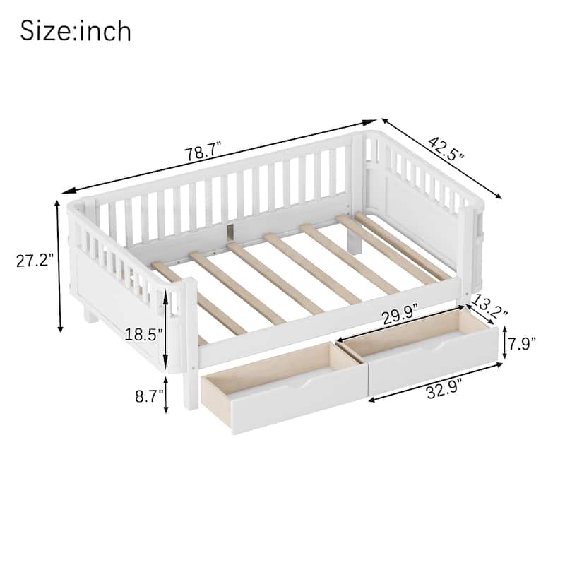 Wooden Kids Bed with 2 Storage Drawers, Guardrails and Removable Side Rail, Rounded Corners Frame Montessori Bed, Toddler Bed