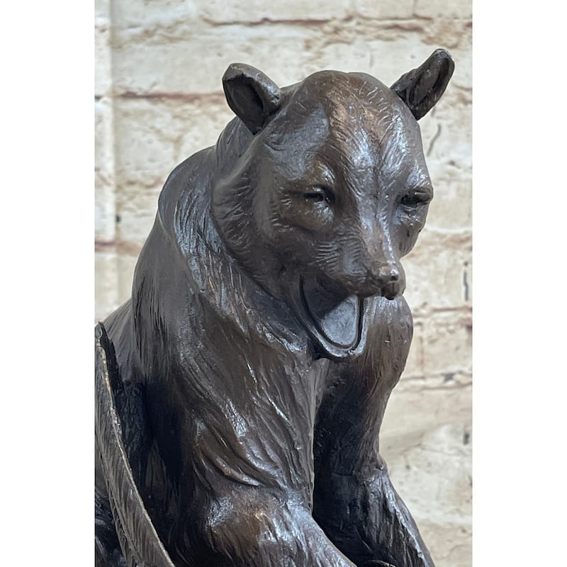 Signed Barye Bear Attacking Eagle Bronze Sculpture Marble Base Figurine Statue