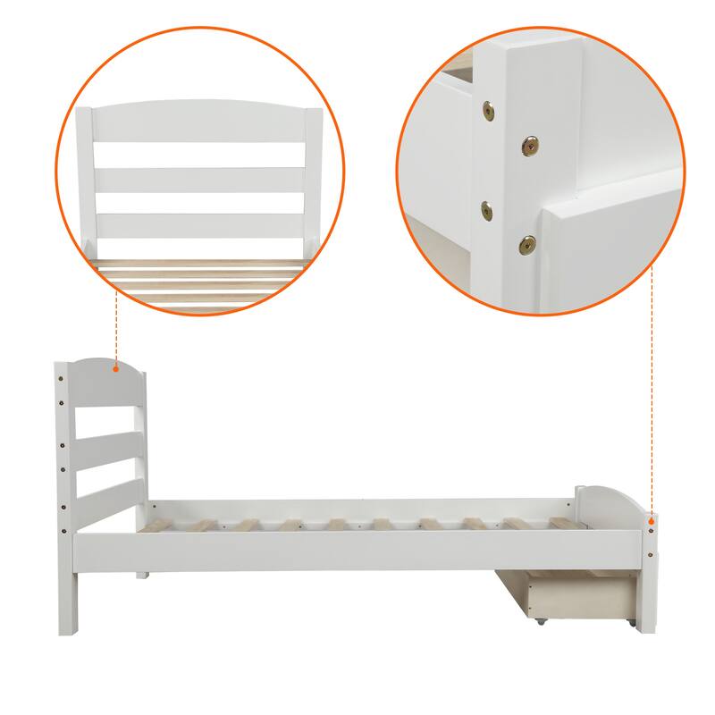 Elegant Twin Wood Bed Frame with Curved Headboard and Storage Drawer