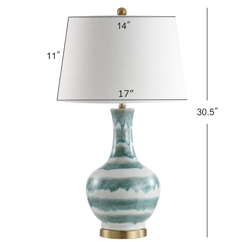 Cora 30.5" Striped Ceramic/Metal LED Table Lamp, Green/White by JONATHAN Y
