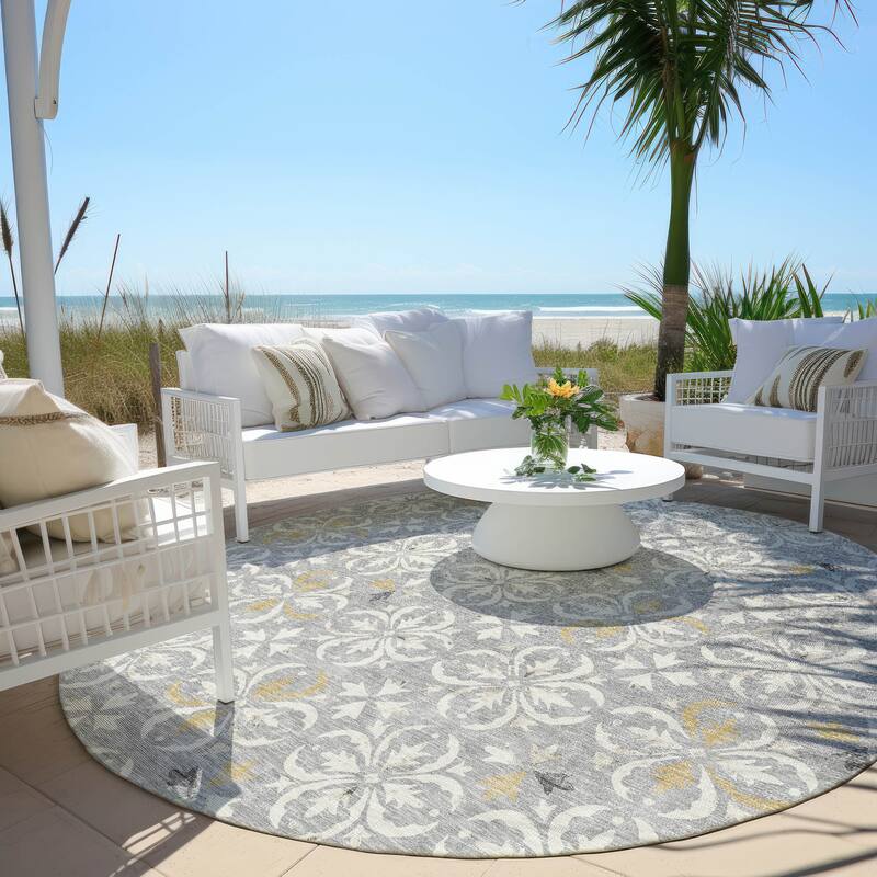 Machine Washable Indoor/ Outdoor Chantille Traditional Medallion Rug - Gray - 8' x 8'